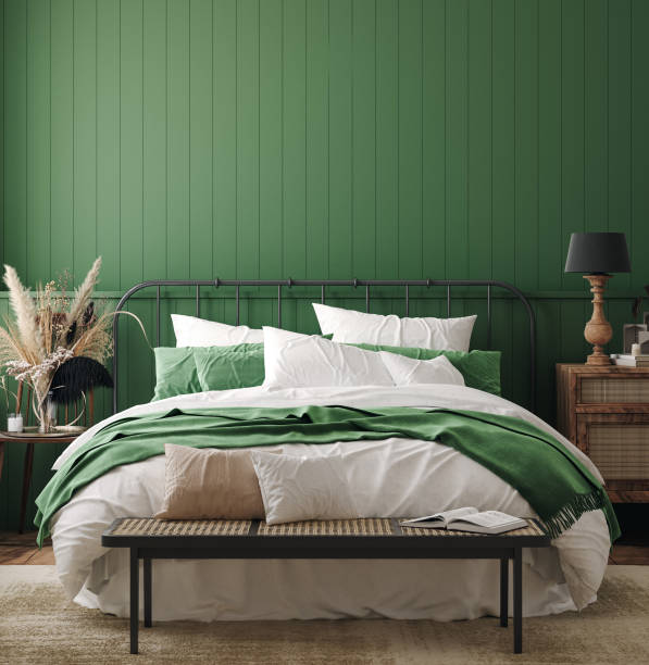 寝室のインテリアの背景、農家のスタイルでモックアップフレーム - pillow bedroom bed rural scene ストックフォトと画像