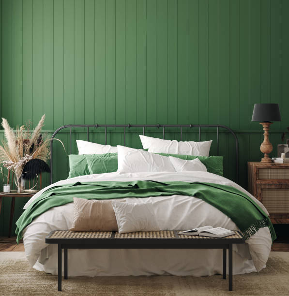 Mockup frame in bedroom interior background, farmhouse style