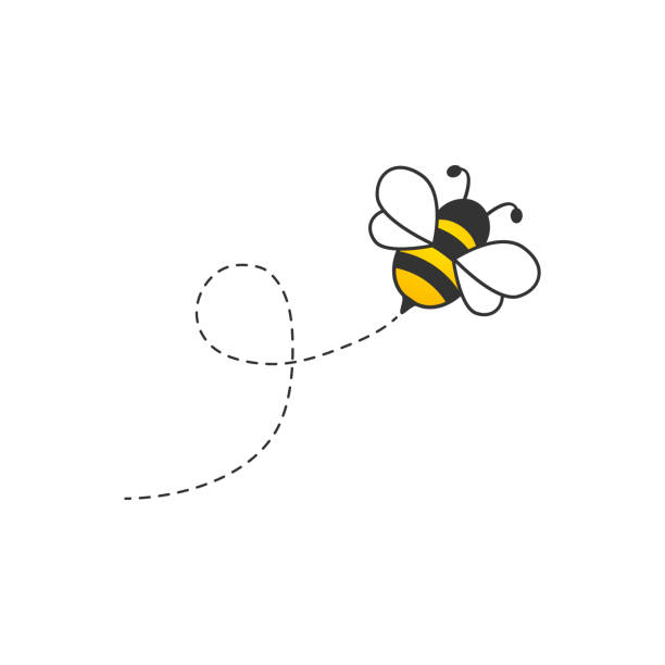 süße bee mit gepunkteter route. - biene stock-grafiken, -clipart, -cartoons und -symbole