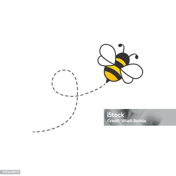 Cute Bee With Dotted Route - Arte vetorial de stock e mais imagens de Abelha - Abelha, Abelha de mel, Ilustração