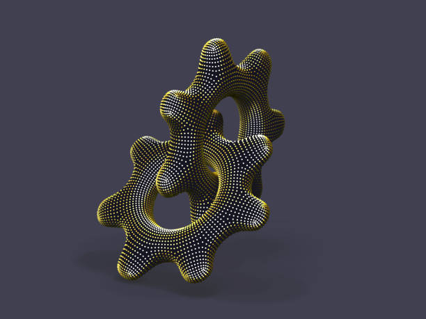 istock Two 3D gears made of yellow dots on gray background. Abstract vector illustration of digital golden cogwheels. 1291650359