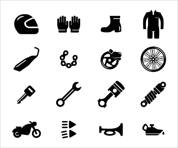 ilustraciones, imágenes clip art, dibujos animados e iconos de stock de conjunto simple de taller de motocicletas relacionados con el icono vectorial diseño gráfico de interfaz de usuario. contiene iconos como casco, guante, zapato, traje de carreras, cadena, escape, pistón, suspensión, interruptor de choque, freno - motorcycle engine brake wheel