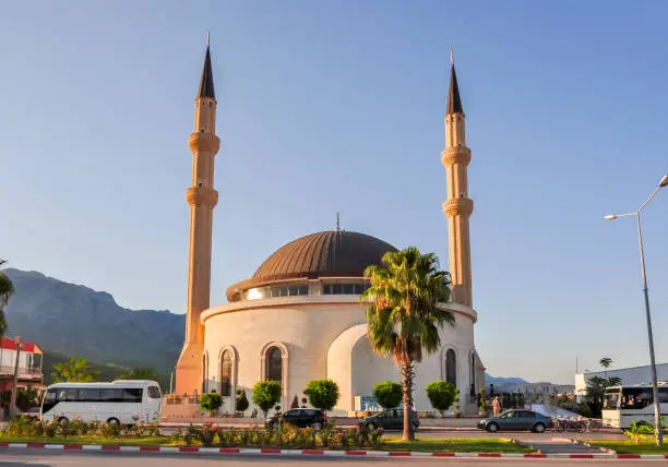 Mosque in Kemer at sunset, Turkey