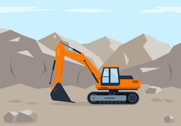 orangenbagger gräbt boden in der nähe von bergen. - earth mover bulldozer construction scoop stock-grafiken, -clipart, -cartoons und -symbole