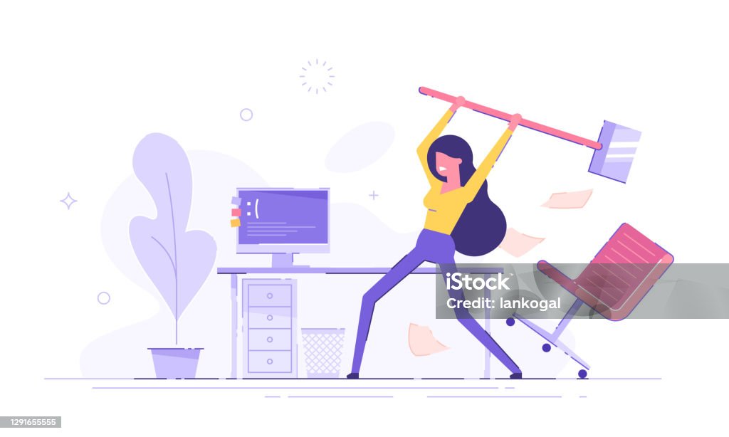 Hard Working Computer Worker Furious Office Worker Is Destroying Her Own Personal Computer By Hammer ...