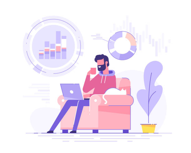 ilustraciones, imágenes clip art, dibujos animados e iconos de stock de apuesto hombre de negocios analizando datos en su portátil en el interior de la casa. concepto de ciencia de datos. gráficos y diagramas de negocios. remore trabajo y freelance. cuarentena. ilustración vectorial moderna. - house business home interior research