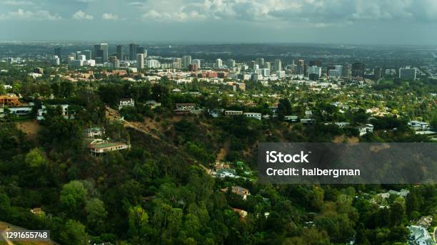 Drone Shot Of Houses In Bel Air With Century City And Wilshire Corridor Beyond Stock Photo - Download Image Now