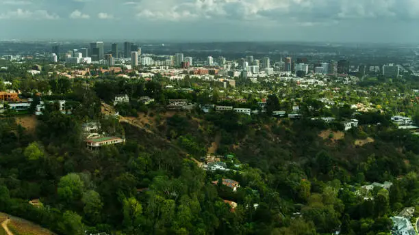 Aerial establishing shot of the Sepulveda Pass in Los Angeles, which connects the west side of the Los Angeles Basin to the San Fernando Valley through the Santa Monica Mountains.