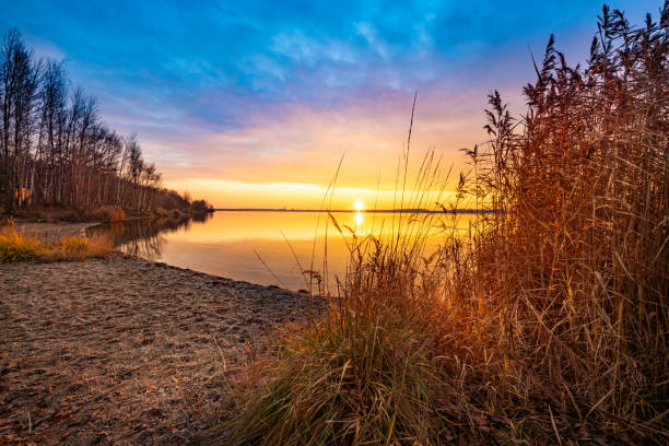Winter view of Cospudner See, a lake in the south of the city that arose from the rehabilitation of a coal mining district and forms part of the Neuseenland (new lakes district) area geared towards recreation.
