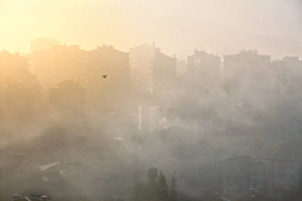 Environmental air pollution concept of smog and cityscape stock photo