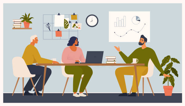 Scene at office. Men and woman sit taking part in business meeting, negotiation, brainstorming, talking to each other. Colorful vector illustration in flat cartoon style. Scene at office. Men and woman sit taking part in business meeting, negotiation, brainstorming, talking to each other. Colorful vector illustration in flat cartoon style man presentation stock illustrations