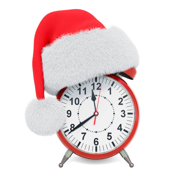 istock Alarm clock with Santa Claus red Christmas hat. 3D rendering isolated on white background 1291663620