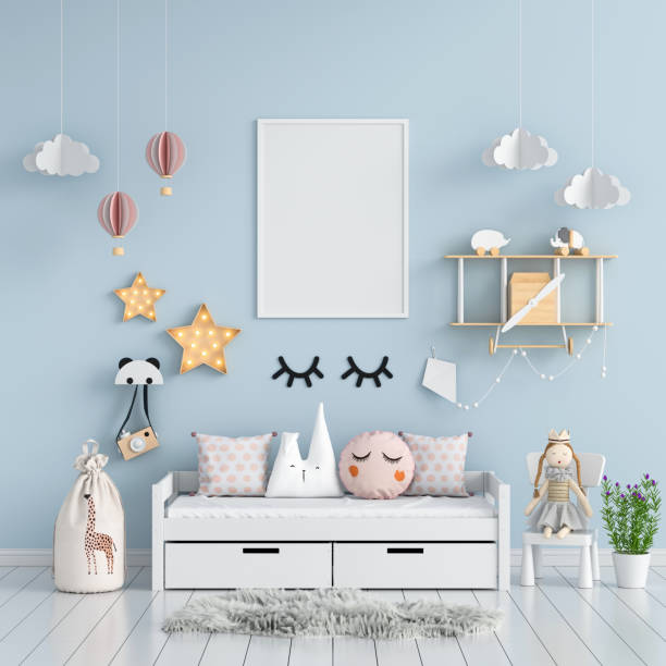 istock Blank photo frame mockup in blue child room, 3D rendering 1291665984