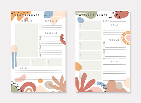 Vector weekly and daily planners templates with abstract shapes and doodles in neutral earthy tones.Organizer and schedule with place for notes; goals and to do list.Abstract modern design.