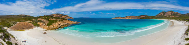 Aerial view of Hellfire bay near Esperance viewed during a cloudy day, Australia Aerial view of Hellfire bay near Esperance viewed during a cloudy day, Australia cape le grand national park stock pictures, royalty-free photos & images