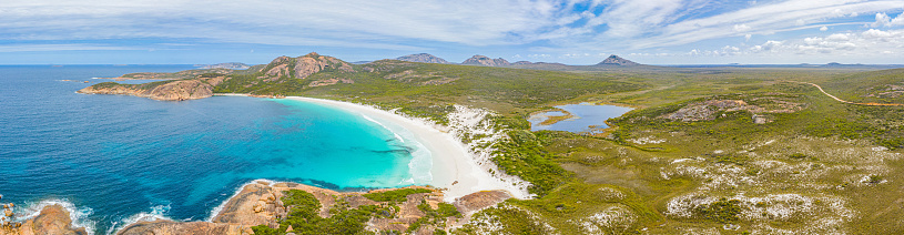 Aerial view of Hellfire bay near Esperance viewed during a cloudy day, Australia