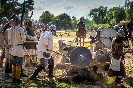 Cedynia, Poland, June 2019 Historical reenactment of Battle of Cedynia, brutal war or fight between two tribes for control over territory, closeup