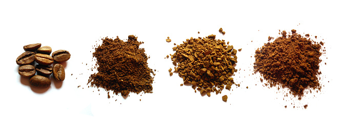 Coffee beans, sublimated, freeze-dried, instant.  Four types of coffee isolated on a white background
