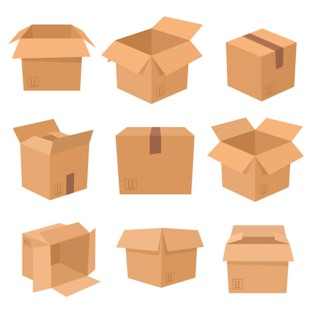 ilustraciones, imágenes clip art, dibujos animados e iconos de stock de conjunto de cajas de cartón aisladas sobre fondo blanco. ilustración vectorial. - caja de cartón