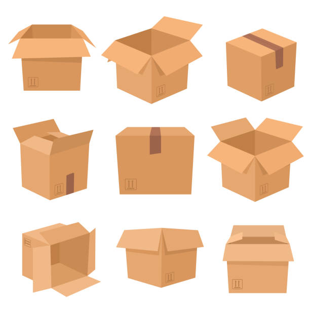 ilustraciones, imágenes clip art, dibujos animados e iconos de stock de conjunto de cajas de cartón aisladas sobre fondo blanco. ilustración vectorial. - cajas de cartón