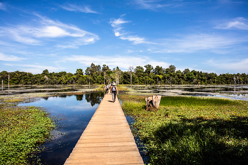 The wooden Bridge over Jayatataka Baray to Neak Pean (or Peak Poan) at Angkor, Cambodia. Neak Pean is an artificial island with a Buddhist temple on a circular island in Jayatataka Baray, which was associated with Preah Khan temple, built during the reign of King Jayavarman VII.
