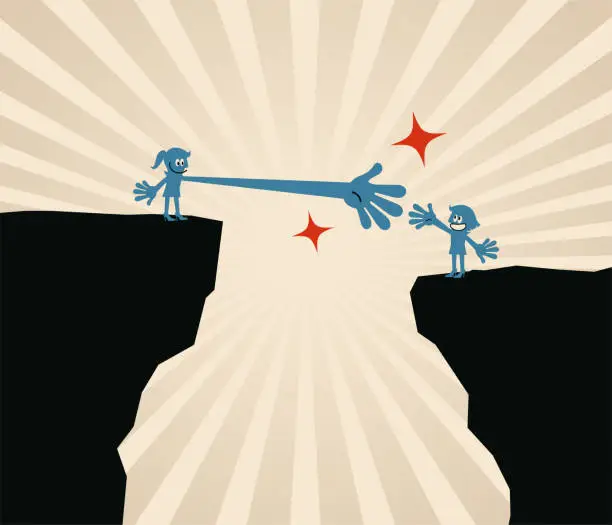 Vector illustration of One woman lending a helping hand to another woman standing at the edge of the opposite cliff; Concept about Bridging The Gap, A Helping Hand, Universal Basic Income, Girl Power