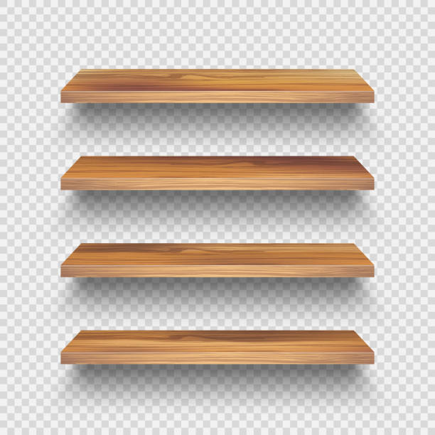 istock Realistic empty wooden store shelves set. Product shelf with wood texture. Grocery wall rack. Vector illustration 1291683691