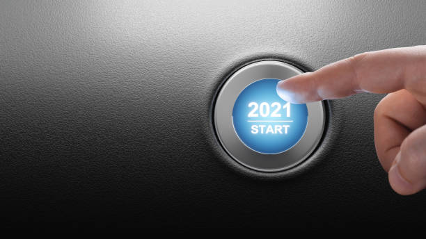 2021 - press the start button. concept of the new year. 3d illustration - year 2002 imagens e fotografias de stock