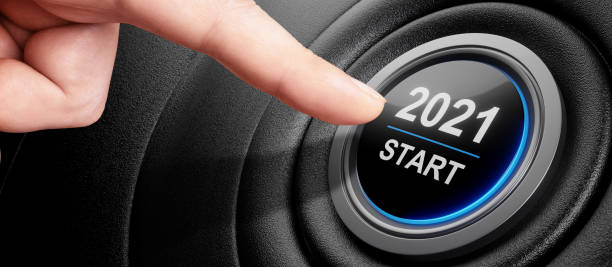 2021 - press the start button. concept of the new year. 3d illustration - year 2002 imagens e fotografias de stock