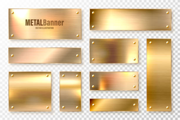 istock Realistic shiny metal banners set. Brushed steel plate. Polished copper metal surface. Vector illustration 1291688285