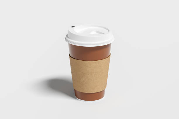 istock Brown take away coffee paper cup mock up with white lid with holder on white background. 1291689937