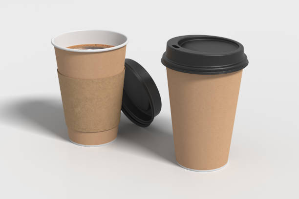 istock Two cardboard take away coffee paper cups mock up with black lids on white background. Opened (with holder) and closed disposable cups. 1291690009