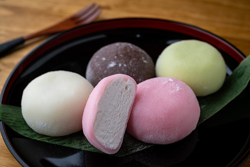 Mochi ice cream on japanese wooden plate