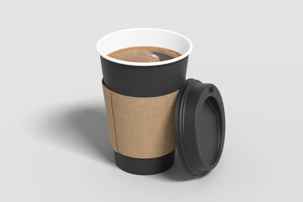 istock Black take away coffee paper cup mock up with opened black lid with holder on white background. 1291690642