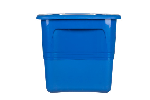 View of large size blue plastic box, for storage of various products, on white background.
