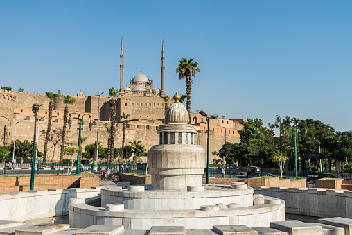 Fountain in Salah El-Deen square and Mosque of Muhammad Ali Pasha or Alabaster Mosque Saladin Citadel of Cairo a UNESCO as a part of the World Heritage Site