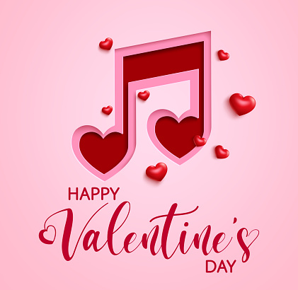 Valentine's music note vector banner background. Happy valentine's day greeting text with musical note shape paper cut element for valentine song celebration design. Vector illustration