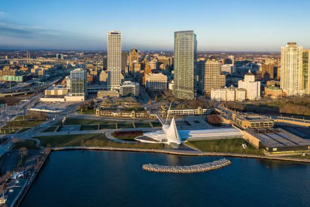 Photo of Aerial panorama view of Downtown Milwaukee at sunrise