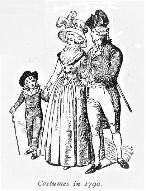 American Colonists 1790 A husband, wife and son dressed in late 18th century period dress in Colonial America. Illustration published in The New Eclectic History of the United States by M. E. Thalheimer (American Book Company; New York, Cincinnati, and Chicago) in 1881 and 1890. Copyright expired; artwork is in Public Domain. Christine Kohler stock illustrations