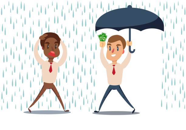 illustrations, cliparts, dessins animés et icônes de l’homme sous la pluie. l’homme d’affaires courent de la pluie tandis qu’un autre homme d’affaires a le parapluie - security umbrella rain currency