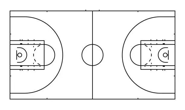 Vector illustration of basketball court markings lines. Outline basketball playground top view. Sports ground for active recreation. Vector