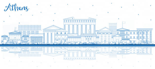 stockillustraties, clipart, cartoons en iconen met schets athene greece city skyline met blauwe gebouwen en reflecties. - athens