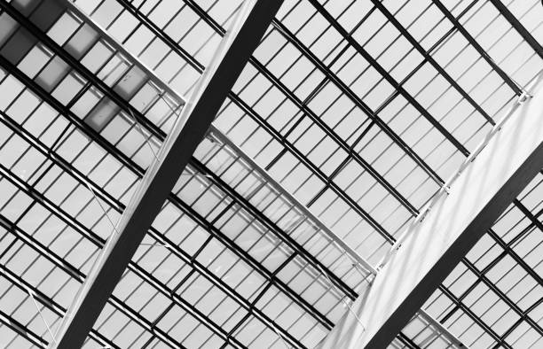 建物の屋根とプラスチックの天窓。半透明のポリカーボネートシートで作られたドーム天窓。インテリア建築デザイン。モダンな建物の屋根構造。持続可能な建物。軽量の屋根。 - roof lightweight industry architecture ストックフォトと画像