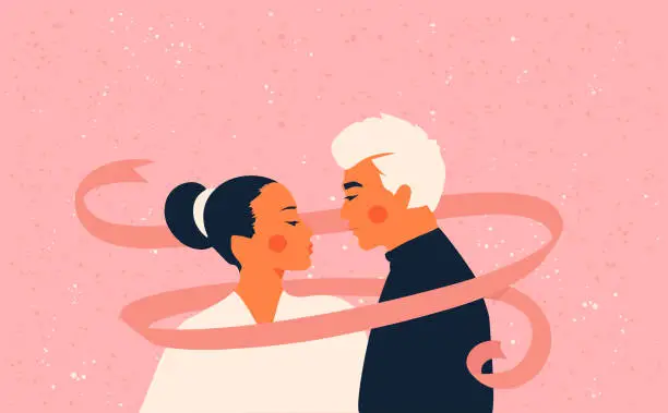 Vector illustration of Asian loving couple. Man and woman kissing.