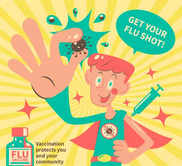 Vector illustration of Smiling super boy with a vaccine syringe injecting into his arm and eradicating the virus