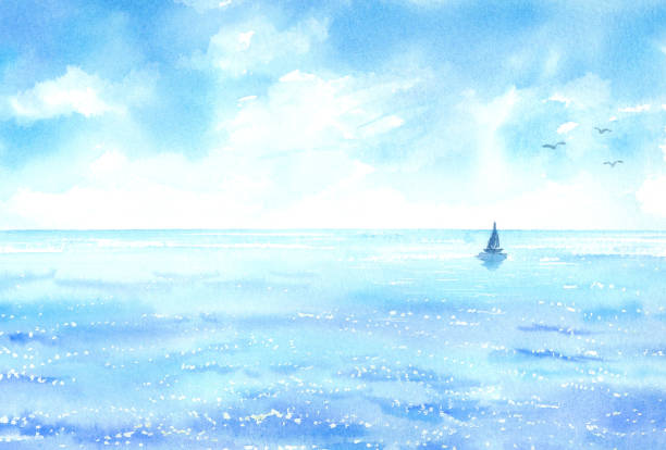 바다에 떠있는 요트의 수채화 그림. - floating on water travel backgrounds beaches travel locations stock illustrations