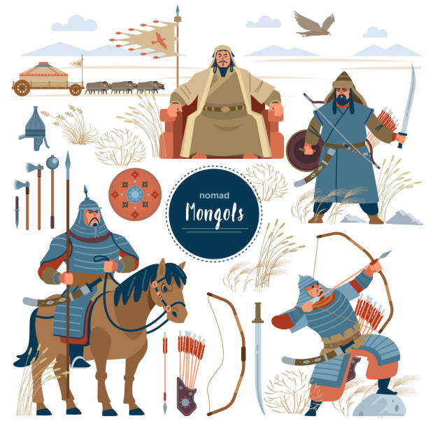 モンゴル人。モンゴルの遊牧民戦士フラット文字を設定します。戦士、カーン、剣、鎧、ジンギス、草原、盾、軍隊、馬、矢、ライダー、射手、大群、弓、皇帝、ユルト、雄牛、ワシ。フラ� - emperor点のイラスト素材／クリップアート素材／マンガ素材／アイコン素材
