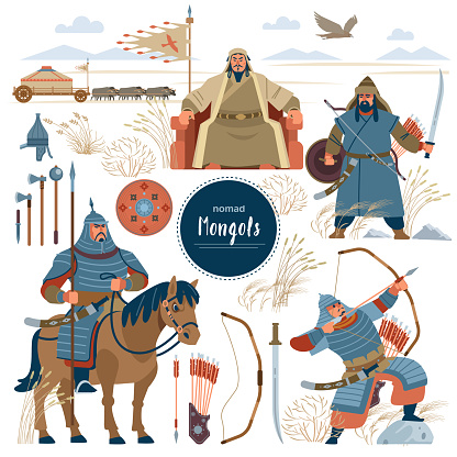 The Mongols. Set mongol nomad warriors flat characters. warriors, khan, sword, armor, genghis, steppe, shield, army, horse, arrow, rider, archer, horde, bow, emperor, yurt, bull, eagle. Flat