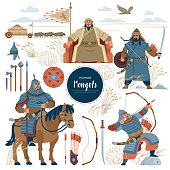 istock The Mongols. Set mongol nomad warriors flat characters. warriors, khan, sword, armor, genghis, steppe, shield, army, horse, arrow, rider, archer, horde, bow, emperor, yurt, bull, eagle. Flat style 1291711563