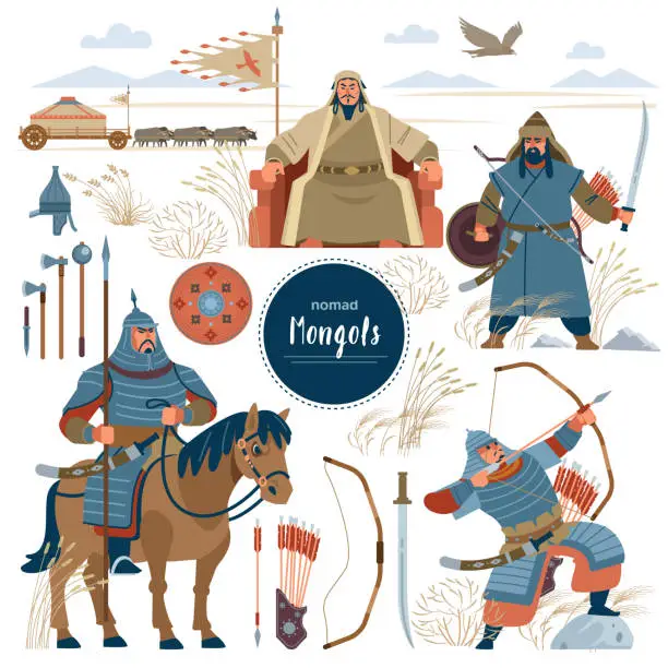 Vector illustration of The Mongols. Set mongol nomad warriors flat characters. warriors, khan, sword, armor, genghis, steppe, shield, army, horse, arrow, rider, archer, horde, bow, emperor, yurt, bull, eagle. Flat style